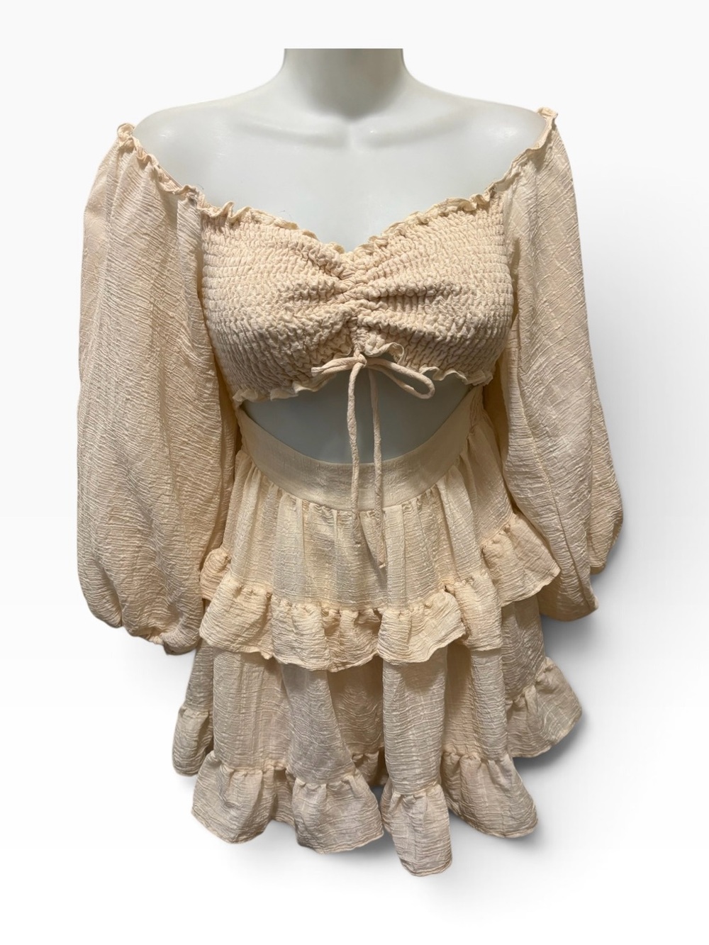 Milkmaid Smocked Ivory Ruffled Mini Dress S Ruched Top Tier Skirt Balloon Sleeve